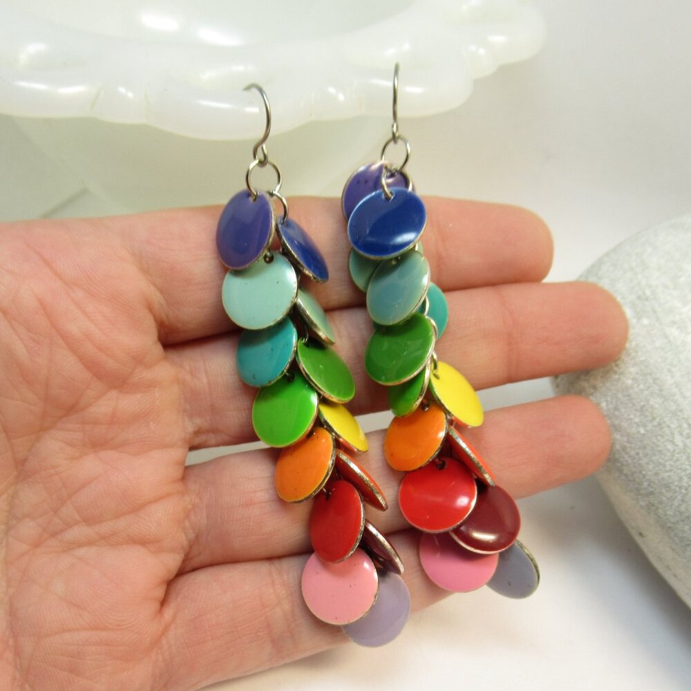 Long rainbow enamel dangle earrings